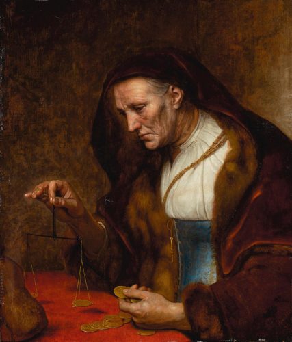 An Old Woman Weighing Gold Coins (Rembrandt School, 17th Century)